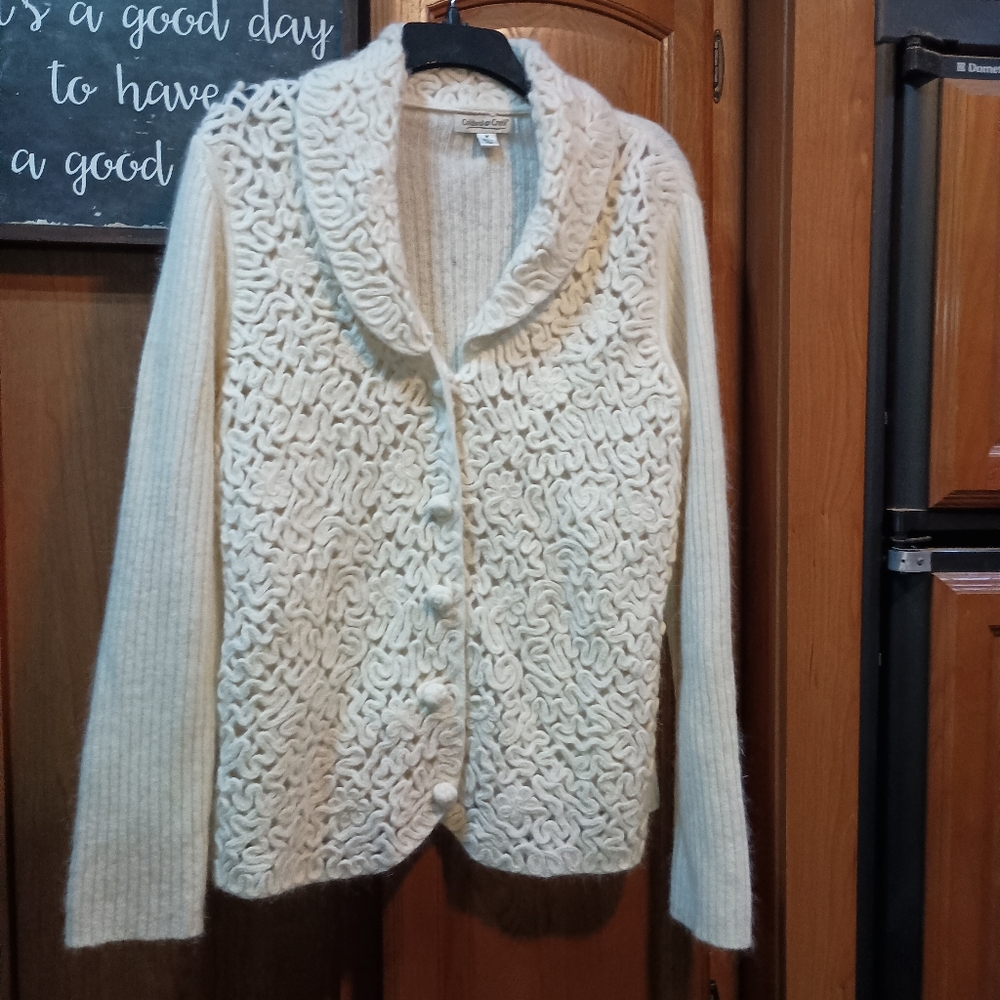 Coldwater Creek Knitted Cream Women's Wool & Angora Rabbit Hair Blend Cardigan